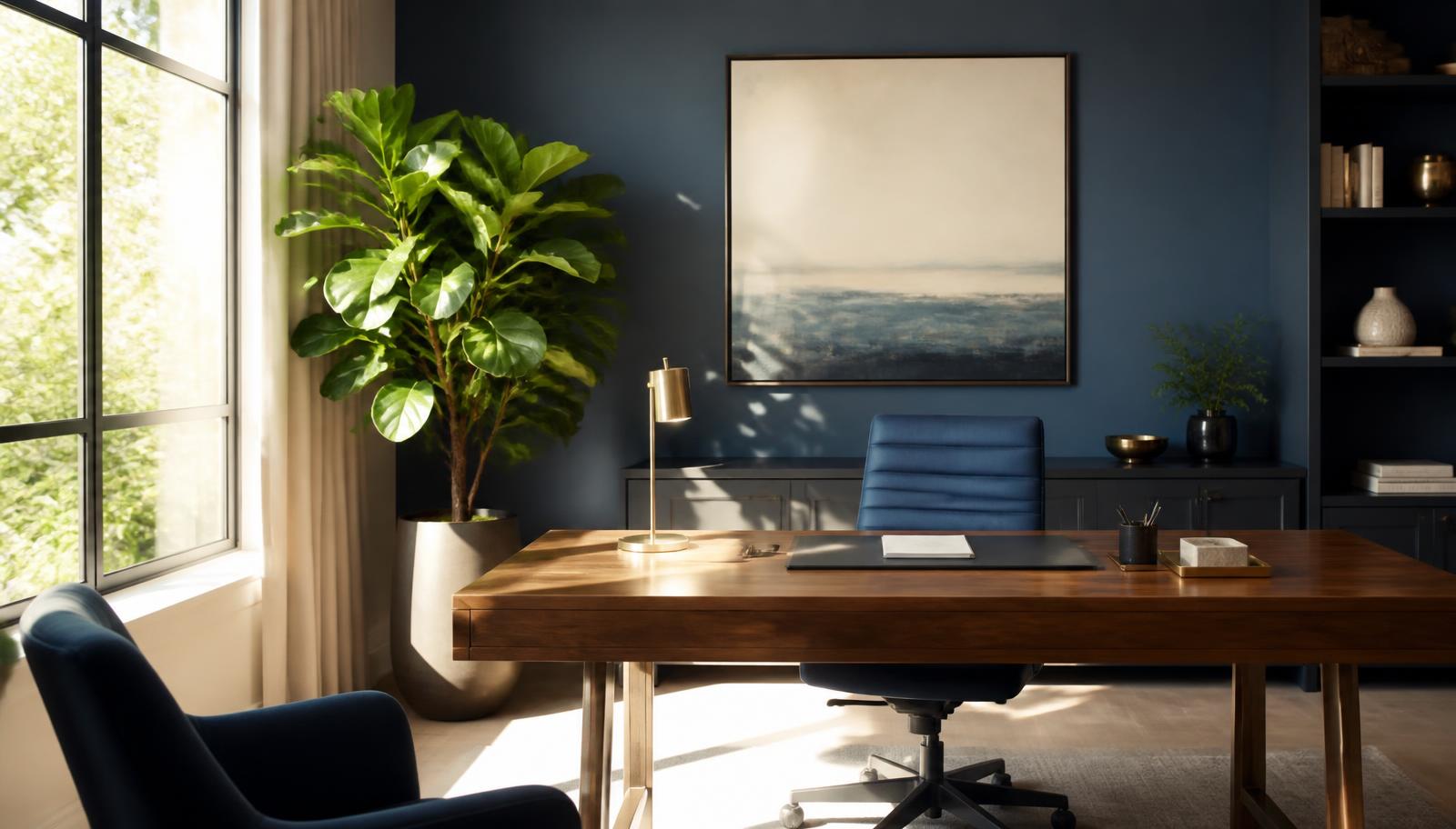 A sunlit private office with a large green plant, warm wood desk, and navy accents