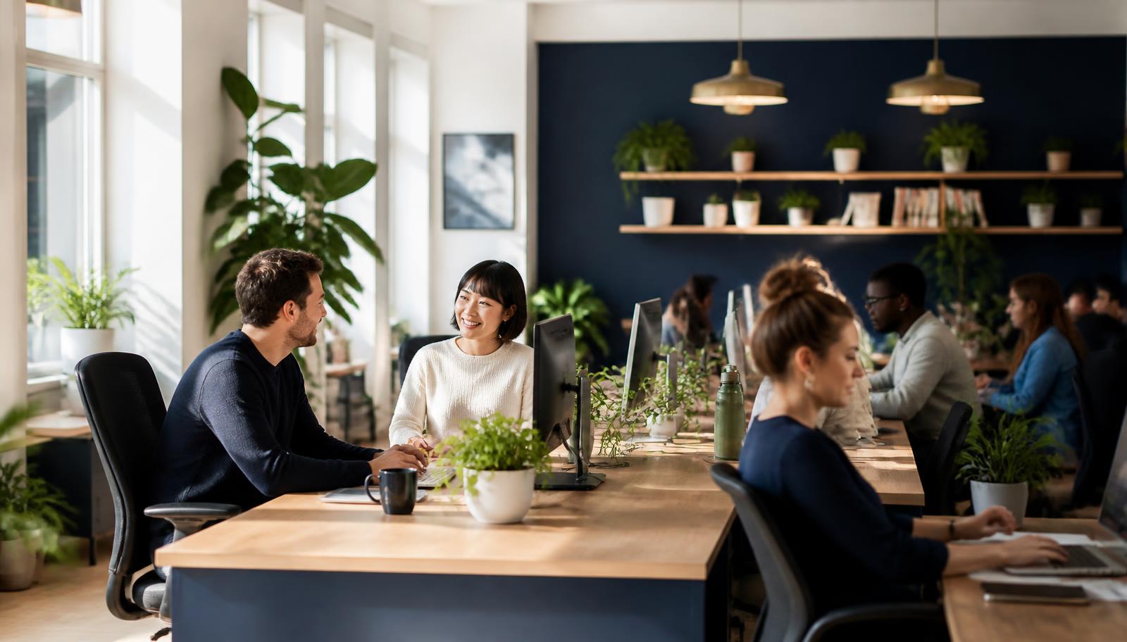 A bright tech workspace with natural sunlight, green plants, and warm wood surfaces