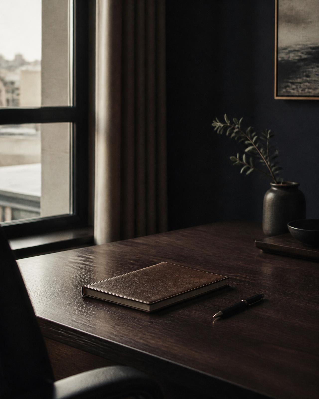 A quiet study with a closed leather notebook on a dark wood desk by a window
