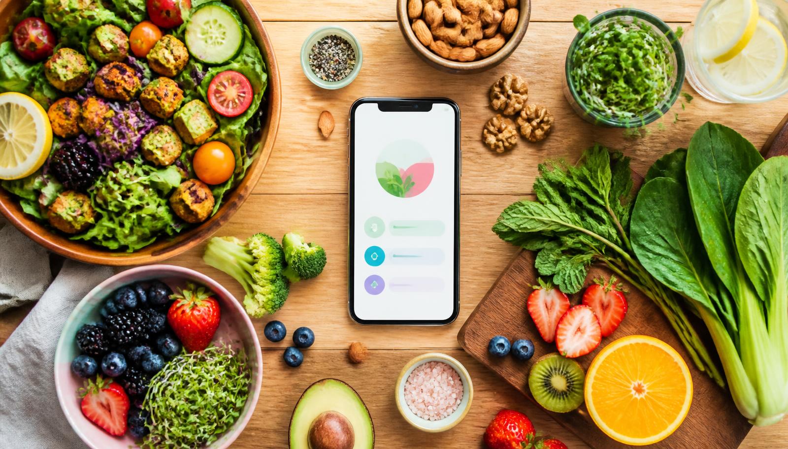 A fresh flat lay of colorful healthy food, berries, and herbs next to a smartphone wellness app